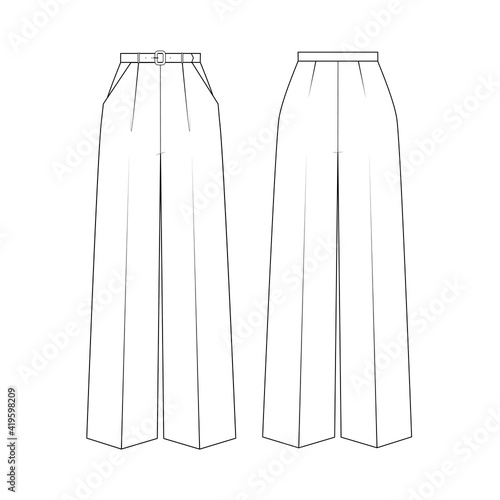 Fashion technical drawing of wide women's trousers with belt