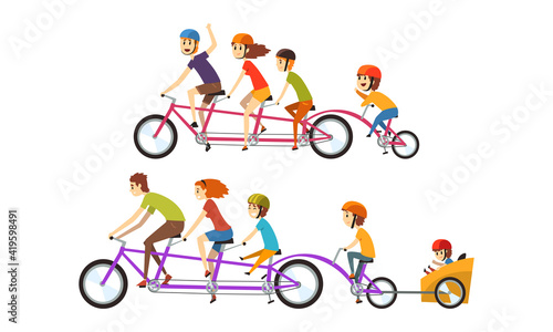 Happy Family Riding Tandem Bicycle, Group of People Riding Quint Outdoors Cartoon Vector Illustration