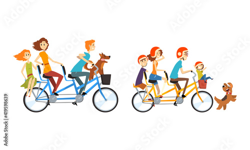 Happy Families Riding Tandem Bicycles Set, Cheerful People Riding Quint with their Dogs Cartoon Vector Illustration