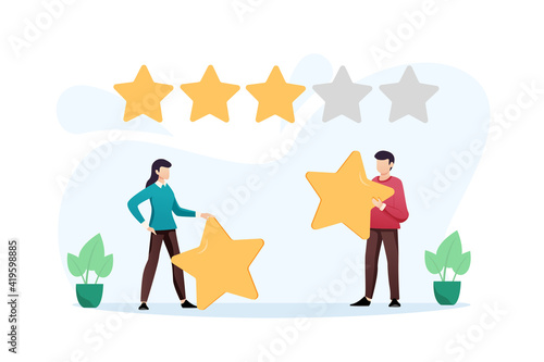 Customer review rating. Different People give review rating and feedback. Flat vector illustration. Customer choice. Know your client concept. Rank rating stars feedback. Business satisfaction support