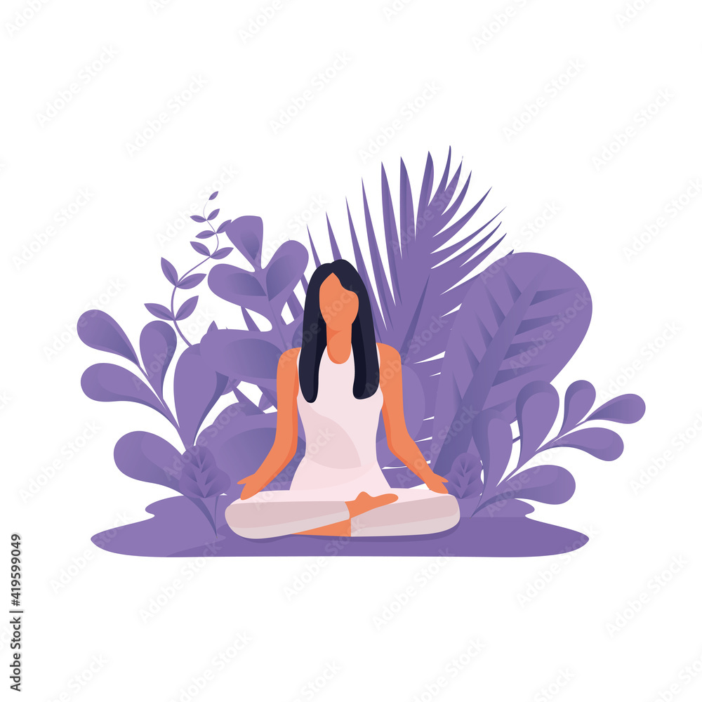 woman doing yoga with nature background illustration Stock Vector