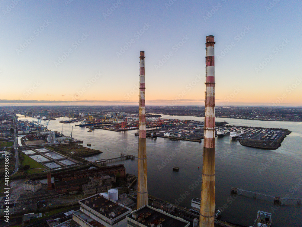 Obraz premium Aerial Shot of Poolbeg Chimineys, Drone Photography at Dublin Bay, Ireland