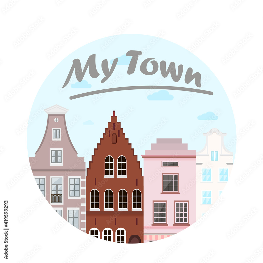 Cityscape with buildings in round frame that can be used as logo, icon
