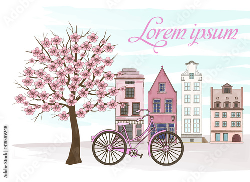 Watercolor stylish illustration of buildings with bicycle and sakura in the foreground. Used for card, banner, poster. Vector fashion illustration