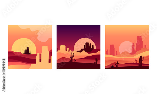Desert Landscape at Sunset Set  Beautiful Nature Scenery with Cactus and Hills Silhouettes Vector Illustration
