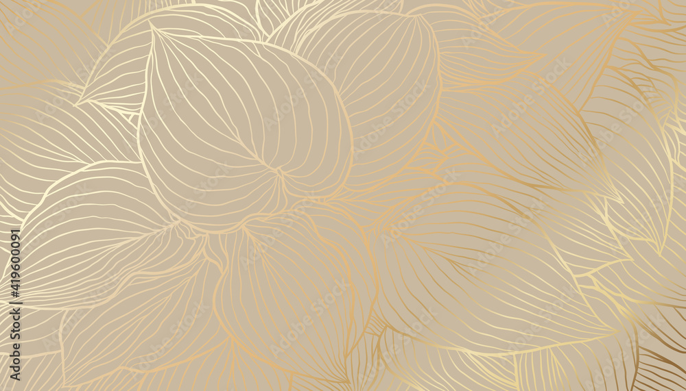 Digital vector illustration - golden hosta leaves in hand drawn line