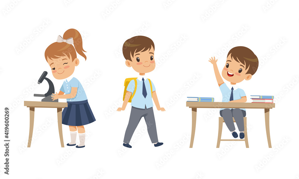 Elementary School Students Studying at School, Adorable Boys and Girl in School Uniform During Lesson, Back to School Concept Cartoon Vector Illustration