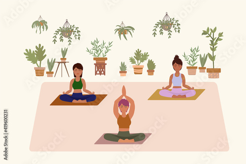 Yoga in a room with nature. Girls do Yoga in different poses. A house or studio with tropical plants. Poster of the Meditation Process, for Pilates or Yoga classes. Vector clip art in a flat style