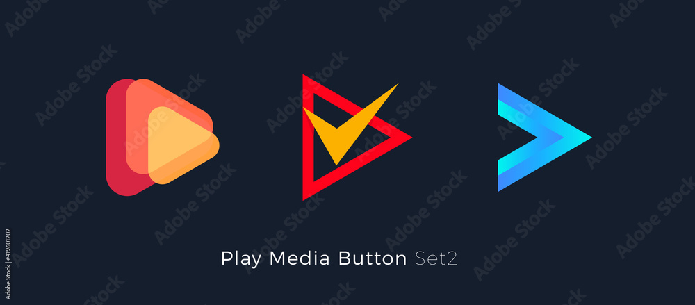 Play button foe media app. Multimedia player logo. Right arrow direction abstract symbol. Music and movie stert sign, audio and video editor logo. Vector web icon design - obrazy, fototapety, plakaty 