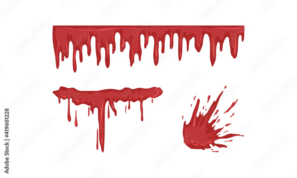 Plakat Splatters, Smears and Drops of Red Ink Paint Set, Dripping Blood Cartoon Vector Illustration