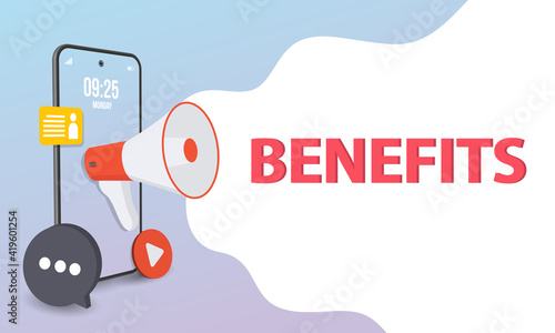 Male hand holding megaphone with benefits speech bubble. Loudspeaker. Banner for business, marketing and advertising. Vector illustration. Vector illustration, big benefits web banner or flyer concept