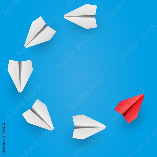 Individual red leader paper plane lead other. Business and leadership concept