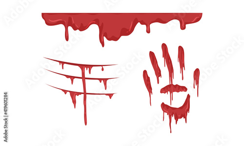 Splatters, Smears and Drops of Red Ink Paint Set, Bloody Hand Prints and Stains Cartoon Vector Illustration