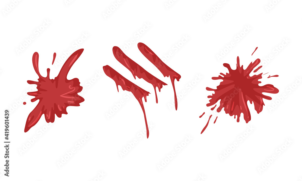 Splattered Blood Stains Set, Smears and Drops of Red Ink Paint Cartoon  Vector Illustration Stock Vector | Adobe Stock