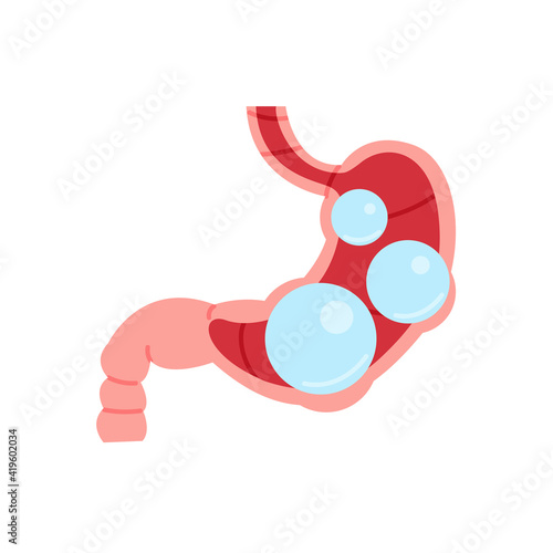 Gases in stomach flat cartoon illustration. Bloating in digestive system symptom banner design. Discomfort after eating background