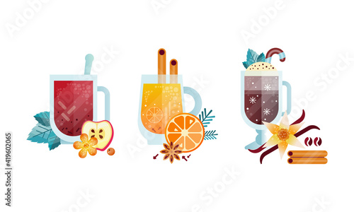 Hot Drinks Collection, Glass Transparent Mugs of Herbal Tea and Coffee Vector Illustration