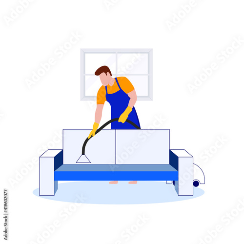Sofa wash with vacuum cleaner. Cleaning Illustration