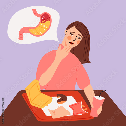 Adult character suffering from gastritis, overeating junk food flat cartoon illustration. Unhealthy eating disorders banner design. Burning, ache, pain after lunch background