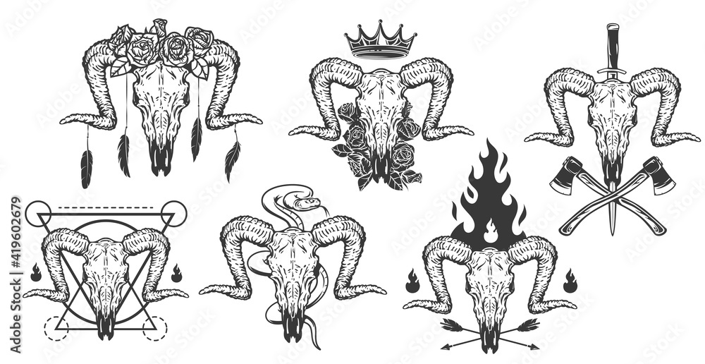 Set of hand drawn concepts with monochrome goat skull isolated on white background. Realistic design art composition for print, tattoo. Retro vintage vector illustration.