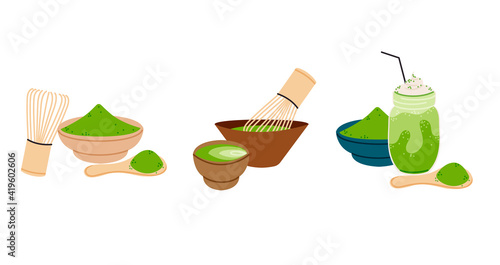 Matcha tea isolated vector illustration. Powder leaf design element. Asian, Japanese ceremony beverage in cartoon style.