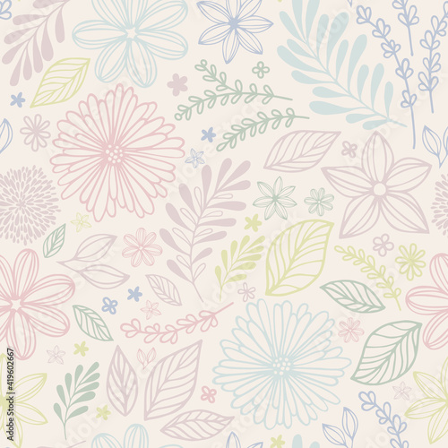 Set of universal hand drawn floral template for cover. Home decor, backgrounds, cards. Childrens abstract and floral design in doodle style. Vector illustration and seamless pattern