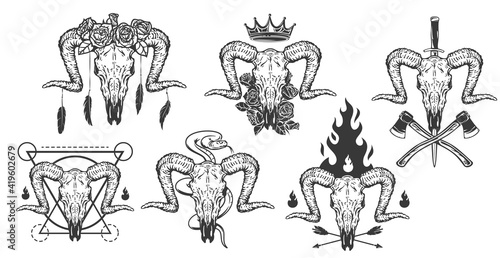 Set of hand drawn concepts with monochrome goat skull isolated on white background. Realistic design art composition for print, tattoo. Retro vintage vector illustration.