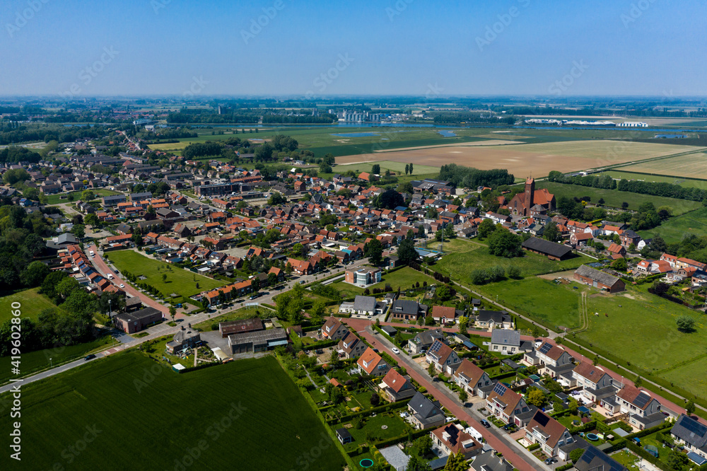 Aerial view of Westdorpe, a town in the South-Western Dutch Province of Zeeland
