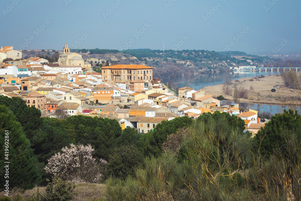 Panoramic view of the village of Castronuño located on the banks of the Duero river in Valladolid, Spain