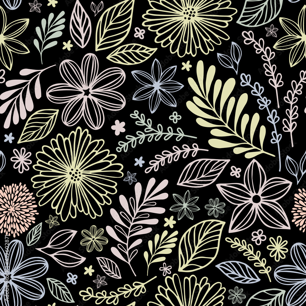 Flowers and leaves hand-drawn with colored children crayons on black background. Trendy modern seamless doodle style pattern for packaging, cover, design. Childish bright background in pastel colors