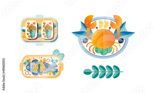 Various Seafood Dishes Set, Crab, Baked Fish, Caviar Sandwiches Flat Vector Illustration