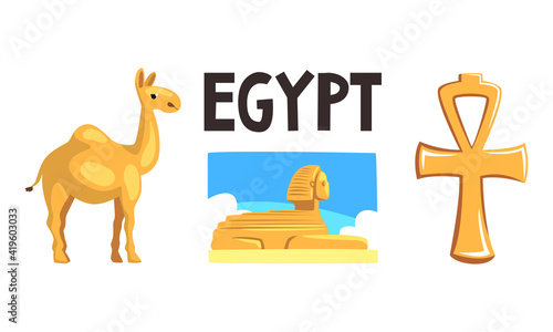Famous Symbols of Ancient Egypt, Sphinx Statue, Ankh Cross, Camel Cartoon Vector Illustration