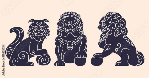 Japanese dog ancient statue flat cartoon illustration. Guardian animal Komainu dog banner design. Traditional asian symbol background.