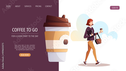 Woman with coffee in paper cup. Coffee shop, drink, cafe-bar, coffee to go concept. Vector illustration for poster, banner, website. 