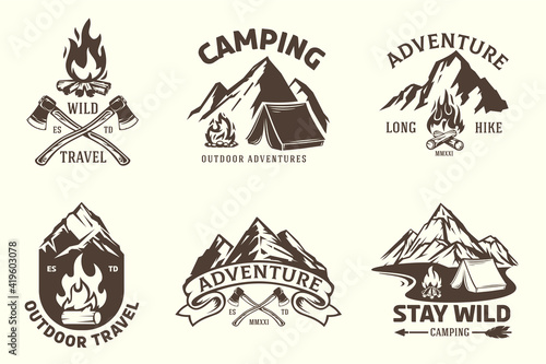 Collection templates composition of outdoor travel  adventures for badge  label  patches or emblems in retro vintage style. Design concept for tourism. Vector illustration.