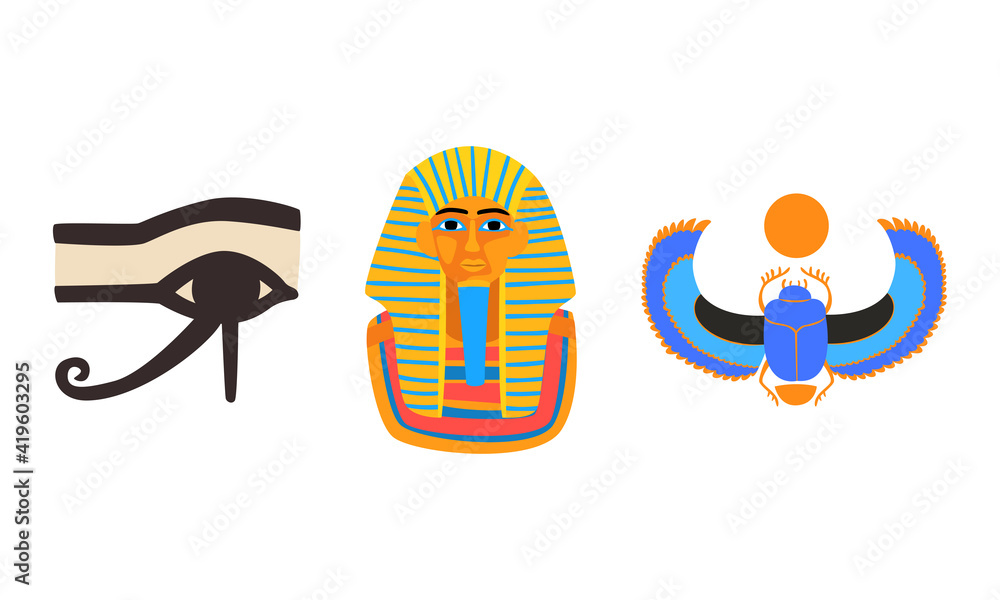 Famous Symbols of Ancient Egypt, Tutankhamen Pharaoh Mask, Eye of Scarab Vector Stock Vector | Adobe