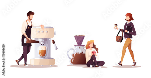 Barista with huge coffee machine. Woman with coffee in paper cup. Woman drinking coffee. Coffee shop, break, cafe-bar, restaurant concept. Isolated vector illustration for poster, banner.