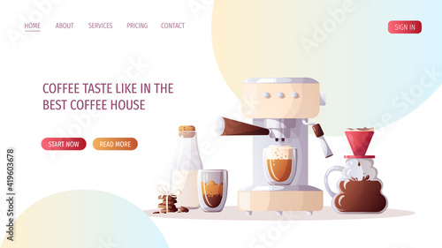 Coffee machine, Cup of coffee, clever dripper, bottle of milk and chocolate. Coffee shop, break, cafe-bar, coffee lover, breakfast concept.  Vector illustration for poster, banner, website. 