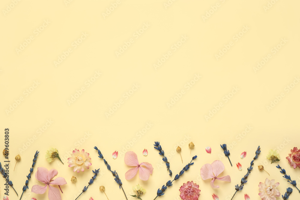 Flat lay composition with beautiful dried flowers on beige background. Space for text Flat lay composition with beautiful dried flowers on beige background. Space for text