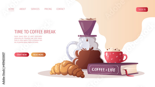 Cup of coffee, book, clever dripper and croissant. Coffee shop, break, cafe-bar, coffee lover, breakfast concept.  Vector illustration for poster, banner, website. 