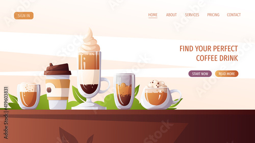 Variety of coffee drinks and cups. Coffee shop, break, cafe-bar, coffee lover concept.  Vector illustration for poster, banner, website. 