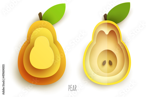 Cartoon whole and half pear in modern geometric 3d paper cut style isolated on white background. Vivid creative vector art element. Minimalistic concept of abstract design illustration.