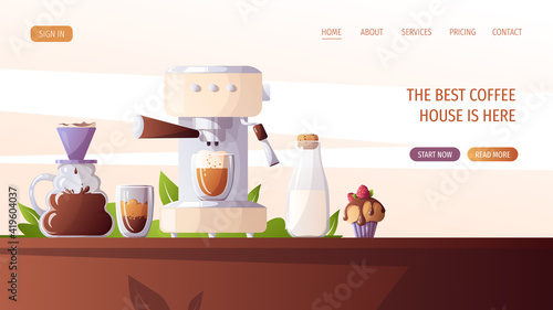 Coffee machine, Cup of coffee, clever dripper, bottle of milk and cupcake. Coffee shop, break, cafe-bar, coffee lover, breakfast concept.  Vector illustration for poster, banner, website. 
