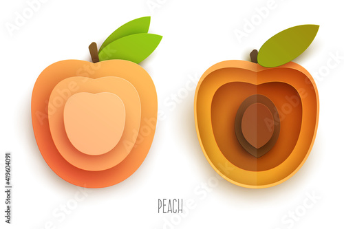 Cartoon whole and half peach in modern geometric 3d paper cut style isolated on white background. Vivid creative vector art element. Minimalistic concept of abstract design illustration.