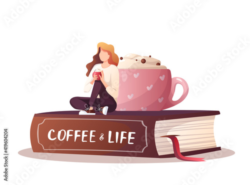 Huge cup, book and woman relaxing and drinking coffee. Coffee shop, break, cafe-bar, coffee lover concept.  Isolated vector illustration for poster, banner, cover. 