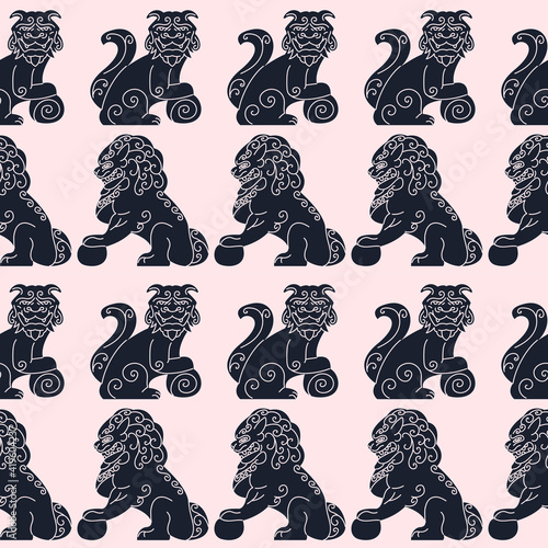 Komainu dog, ancient Asian statue seamless pattern vector illustration. Guardian lion texture design. Historical symbol background. 