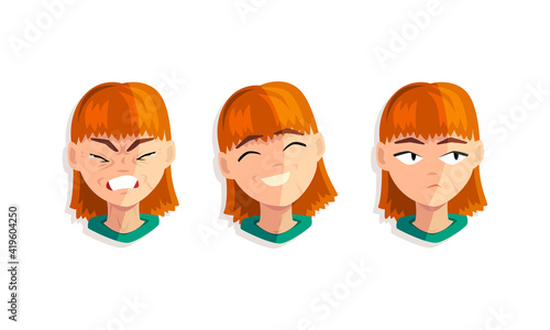 Cute Girl with Different Face Expressions Set, Cheerful, Upset, Sceptic Female Face Cartoon Vector Illustration