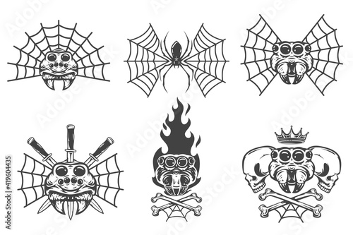 Set of vintage hand drawn composition with spiders isolated on white background. Design concept for tattoo, print, banner, badge in old school style. Vector illustration.