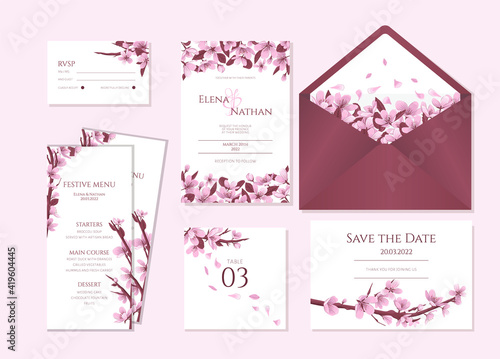 Cherry blossom wedding stationary vector template. Wedding invitation template with blooming cherry flowers.