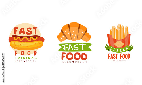 Fast Food Logo Design Set, Hot Dog, Croissant, French Fries Badges Cartoon Vector Illustration