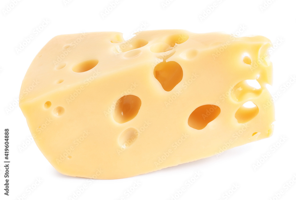 Piece of cheese with holes isolated on white